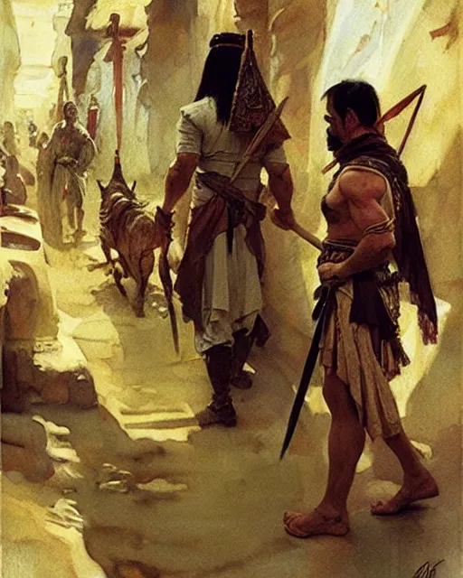 Image similar to fantasy concept art by anders zorn depicting colin farrell as an ancient egyptian rogue walking through a busy oriental market