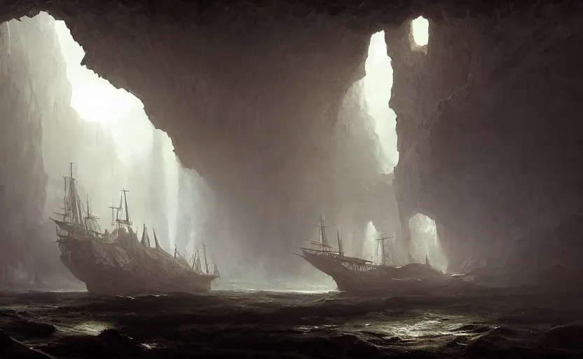 Image similar to A singular big galleon ship, three masts, front and center, in a cave. Underexposed, dark, centered. Atmospheric matte painting by Darek Zabrocki and Christophe Vacher