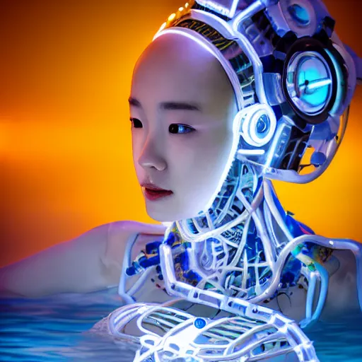 Image similar to beautiful centered fine art photo portrait of hoyeon jung as a solarpunk robotic humanoid treading on water below, white mechanical parts with led lights, ultra - detailed and intricate, white background, sun lighting, soft focus, slow exposure hdr 8 k