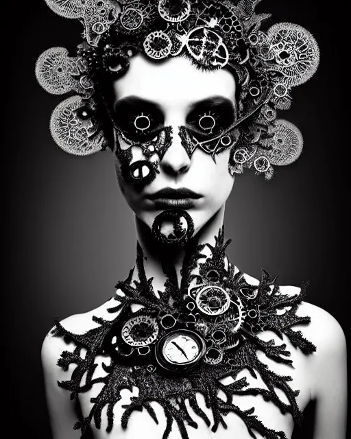 Image similar to surreal dark poetic black and white photo portrait of complex bio-mechanical beautiful young silver female vegetal-cyborg with a Mandelbrot fractal steampunk metal fine lace face, a very long neck and a fine metal floral foliage super big lace collar by Alexander McQueen:: smoke, high fashion, haute couture, rococo, steampunk, silver filigree details, anatomical, facial muscles, cable wires, microchip, elegant, dreamy, foggy atmosphere, hyper realistic, 150 mm lens, soft rim light, octane render, unreal engine, picture was taken in 1910 by Man Ray, volumetric lighting, dramatic light,8k,