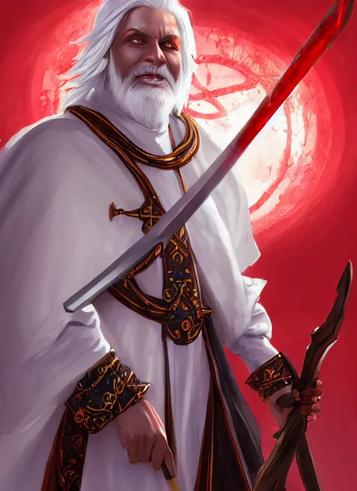 Image similar to a highly detailed illustration of sadistic white haired tanned african priest wearing white robe with red cross design, wielding divine bloody sword, evil smile, gothic church background, intricate, elegant, highly detailed, centered, digital painting, artstation, concept art, smooth, sharp focus, league of legends concept art, wlop