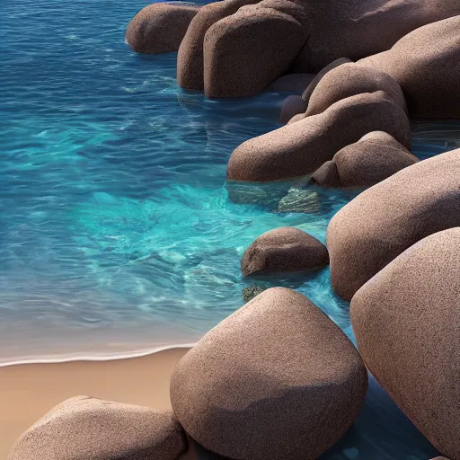 Image similar to a beautiful rock on the beach, octane render, nvidia raytracing demo, detailed, 8 k, masterpiece