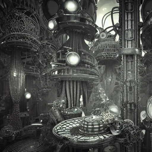 Prompt: mythical dreamy black and white organic translucent bio-mechanical overpopulated sci-fi steampunk city detail, highly detailed, intricate crystal jelly steampunk ornate, poetic, 3D render, digital art, octane render, 8K artistic photography, photo-realistic, by Dora Maar