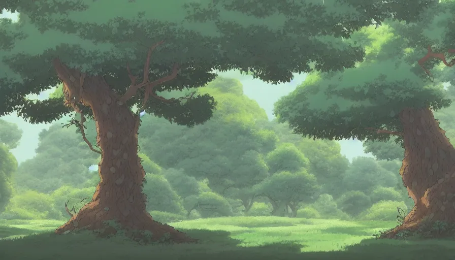Prompt: a landscape of a single tree with bushes nearby, studio ghibli, castle in the sky, animated, anime, illustrated, vibrant, by ghibli, by miyazaki, on artstation