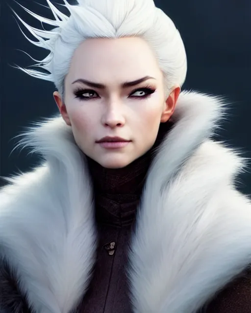 Image similar to dragon hunter wearing a fur - lined dragonhide jacket!!! beautiful and gorgeous elegant white haired female!! symmetry, character concept art, sharp focus, illustration, art by artgerm!! greg rutkowski magali villeneuve wlop!! ilya kuvshinov!! charlie bowater! octane render, unreal engine 5! highly rendered!!