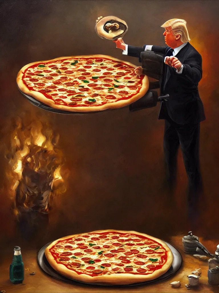 Prompt: trump making a pizza. epic dark fantasy horror stylized oil painting by ivan shiskin. trending on artstation