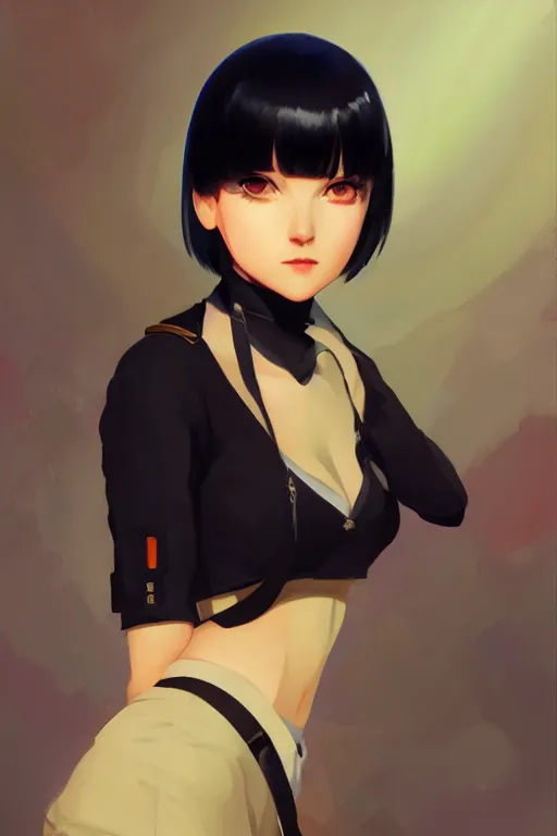 Prompt: a portrait of a cute young female spy with black bob cut hair, spy setting, vivid colors, soft lighting, atmospheric, cinematic, moody, in the style of Ilya Kuvshinov and Range Murata, Krenz Cushart, oil on canvas, 8k