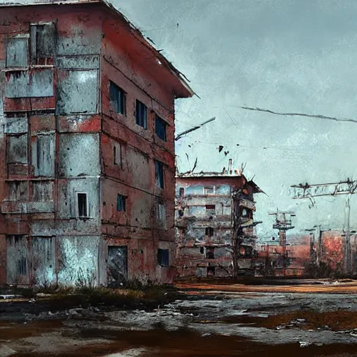 Image similar to painting of a abandoned post soviet town by jakub rozalski