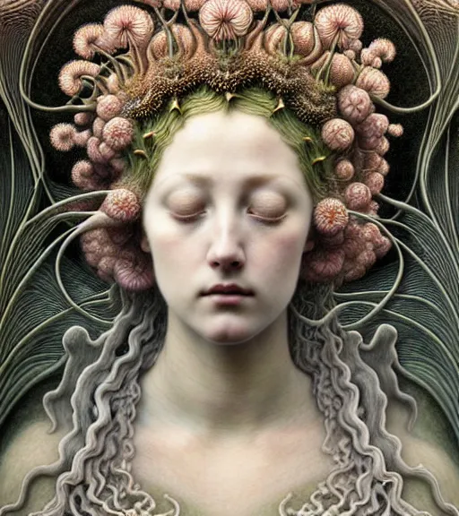 Image similar to beautiful young flower queen detailed realistic porcelain face portrait by jean delville, gustave dore, iris van herpen and marco mazzoni, art forms of nature by ernst haeckel, art nouveau, symbolist, visionary, gothic, neo - gothic, pre - raphaelite, fractal lace, intricate alien botanicals, surreality, hyperdetailed ultrasharp octane render