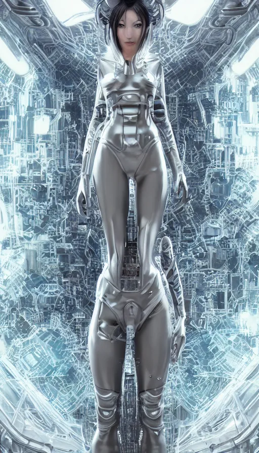 Image similar to full body head to toe portrait of a nanopunk sci-fi cyborg ninja, third person, D&D, sci-fi fantasy, intricate, white with shiny silver and chartreuse fringe highlights, highly detailed, art by Range Murata, highly detailed, 3d, octane render, bright colors, digital painting, trending on artstation, sharp focus, illustration style of Stanley Artgerm, dramatic background