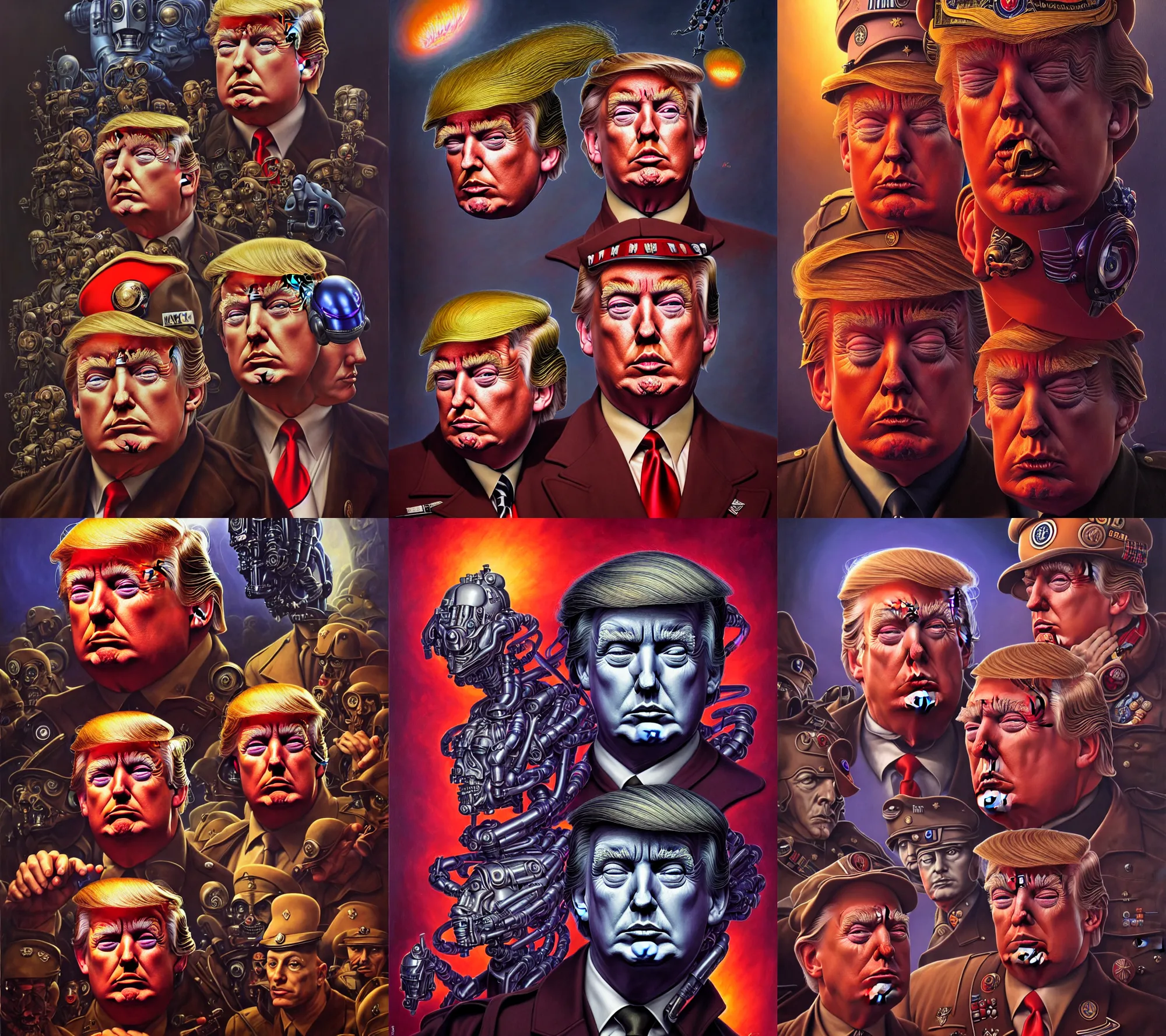 Prompt: cinematic bust portrait of psychedelic Donald Trump from left, wearing Reichsstaffelführer outfit and Reichsstaffelführer cap, exotic alien features, robotic enhancements, desaturated, Tim Hildebrandt, Wayne Barlowe, Bruce Pennington, donato giancola, larry elmore, oil on canvas, dramatic pose, beautiful lighting, sharp, details, hyper-detailed, HD, HDR, 4K, 8K