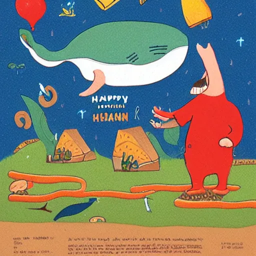 Image similar to an illustration of a happy whale man by richard scarry