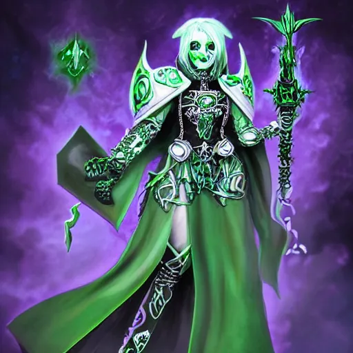 Image similar to a high priestess necromancer in the style of chaos in warhammer 4 0 k, flowing robe, jewel encrusted chestplate, green black grey and white palette, lolth, dnd, character art