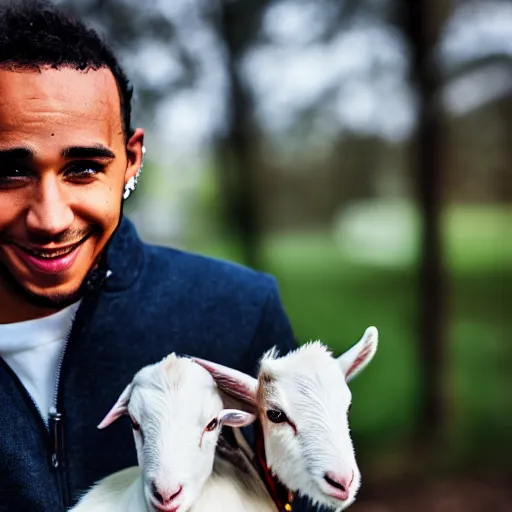 Image similar to lewis hamilton holding a baby goat, ( sony a 7 r iv, symmetric balance, polarizing filter, photolab, lightroom, 4 k, dolby vision, photography awardm, voque, perfect face )