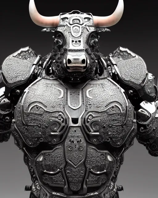 Image similar to a full body shot of an imposing cyborg bull modeled after a bull looking into the camera, contrast lighting, black skin!!!, intricate pattern, hard rubber chest, highly detailed, android, cyborg, full body shot, intricate, 3 d, symmetrical, octane render, fantasy, highly detailed, digital art, artstation, strong bokeh, black face