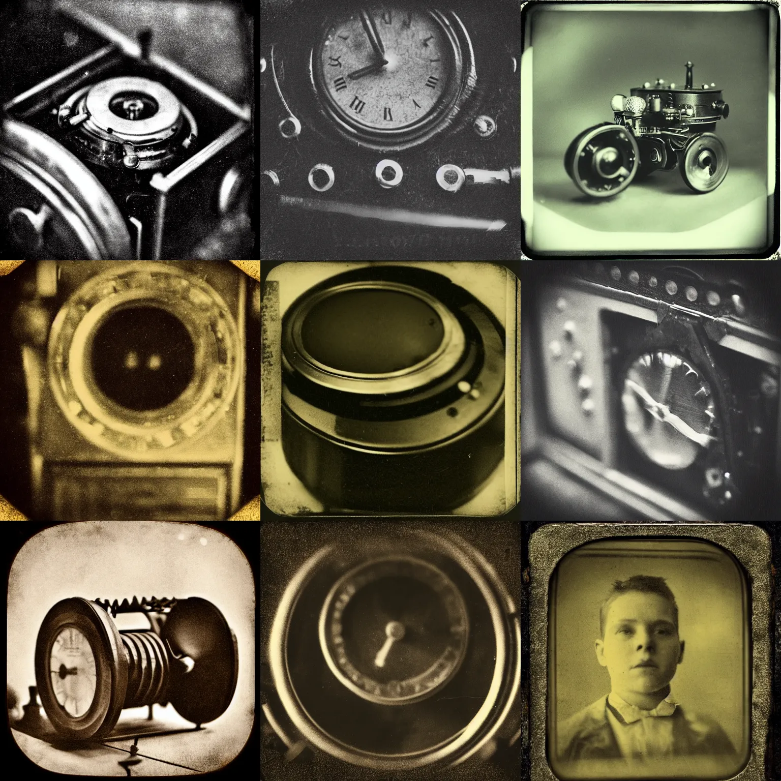 Prompt: a tintype photo of a time machine, deep focus, closeup, dramatic lighting, monochrome, instagram, trending, photograph, film grain and noise, vignette, post-production