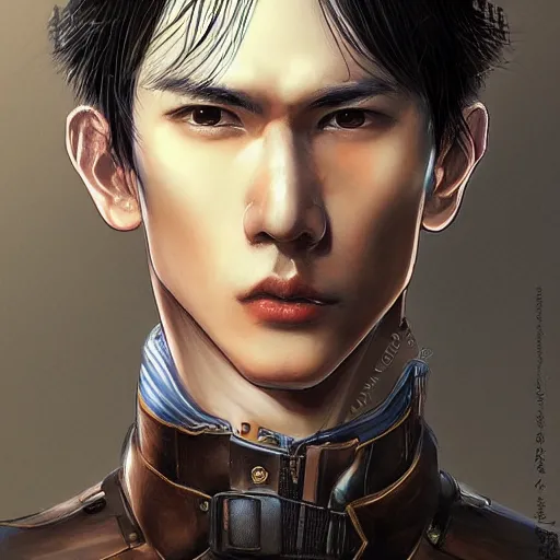 Image similar to portrait of a man by ayami kojima, korean, he is about 2 0 years old, short black hair with bangs, very tall and slender, smart looking, he is wearing a steampunk tactical gear, highly detailed portrait, digital painting, artstation, concept art, smooth, sharp foccus ilustration, artstation hq