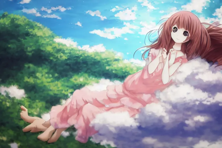 Image similar to a cute anime girl relaxing on a cloud by aoshima, chiho,