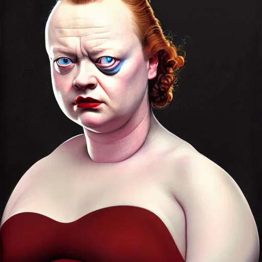 Image similar to dramatic upper body portrait of Thora Birch as baron harkonnen by norman rockwell and boris vallejo, artstation, concept creature character art