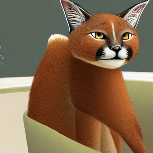 Prompt: Goro Fujita illustrating photo of a cute caracal in a bathtub