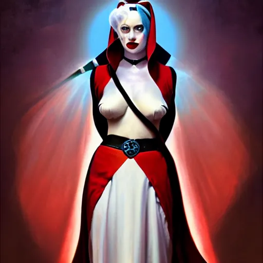 Prompt: Harley Quinn as a nun, dark fantasy, medium shot, intricate, elegant, highly detailed, digital painting, volumetric light, artstation, concept art, smooth, sharp focus, illustration, art by Gil Elvgren and Greg Rutkowski and Alphonse Mucha