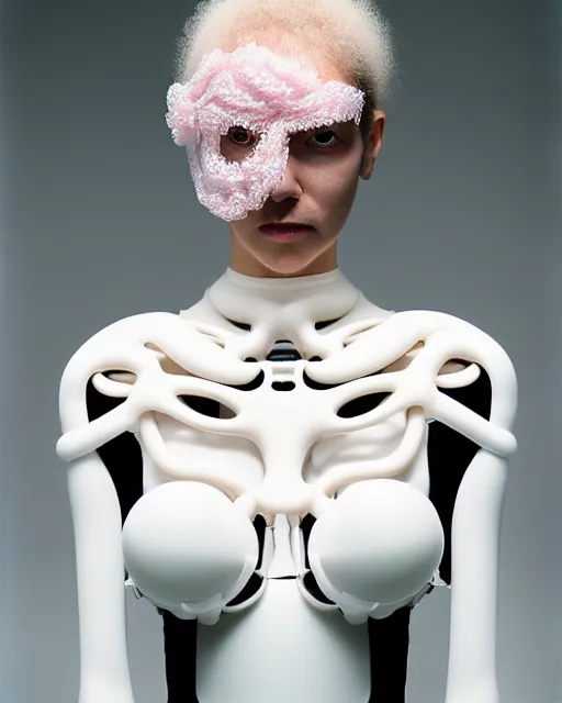 Image similar to portrait of a woman wearing a white embroidered translucent silicone mask and white pink frizzy hair buns, wearing a black bodysuit by alexander mcqueen, cream white background, soft diffused light, biotechnology, humanoide robot, bjork aesthetic, translucent, by rineke dijkstra, intricate details, highly detailed, masterpiece,