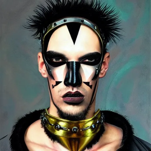 Image similar to an award finning and amazing portrait by akseli kallen gallela and john howe of a male cyberpunk punk rocker clothed in excessively fashionable 8 0 s haute couture fashion and wearing geometric face paint