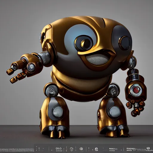 Image similar to a small chubby bot, smooth panelling, one large gold eye intricate detail, style of pokemon, with damaged rusty arms, broken antenna, recycled, floating, white studio, oil, mechanical, toy, ambient light, in the style of pokedstudios, belnder, octane render, 8 k,