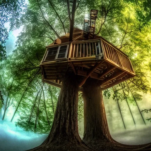 Image similar to A pov in a tree house, photo national geographic, gopro, ultrahd, morning mist, beautiful