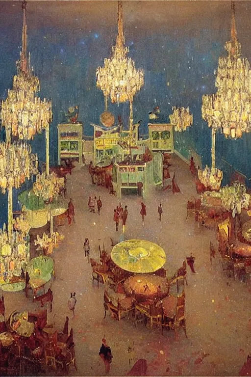 Prompt: 1920s cinematic aerial view of decorated surrealist ballroom, the moon casts long exaggerated shadows, crystalline light rays refract dust, impressionst oil painting on wood, big impressionist oil paint strokes, decadent interior dinning room with centered grand crystal chandelier, symmetric 1930s dimly lit art deco interior concept art by Ivan Aivazovsky, ukiyo-e print, japanese woodblock, aerial view