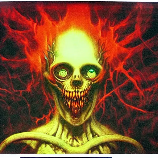 Image similar to the most horrifying creature burning with unseen colors, photo pic taken by gammell + giger + mcfarlane + del toro + hellgod + death + realistic horrors, shatter colors drip