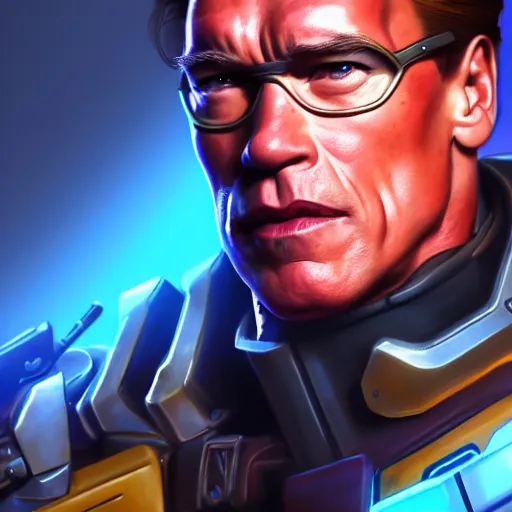 Image similar to a screenshot of arnold schwarzenegger as tracer in overwatch, portrait, fantasy, beautiful face, vivid colors, elegant, concept art, sharp focus, digital art, hyper - realistic, 4 k, unreal engine, highly detailed, hd, dramatic lighting by brom, trending on artstation