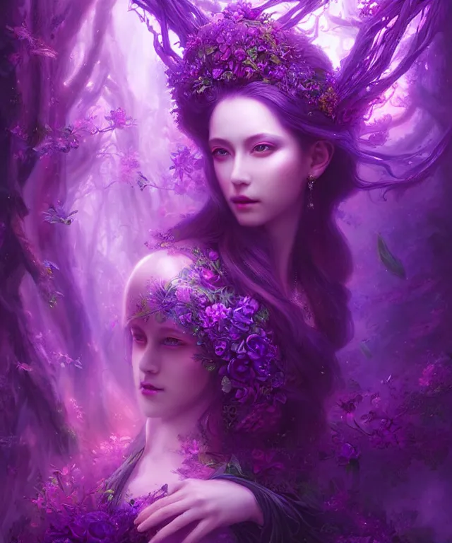 Image similar to ultra detailed, magical realism, portrait painting, of the beautiful empress within the enchanted purple forest, glowing purple, volumetric lighting, illusion, intricate details, by ross tran.