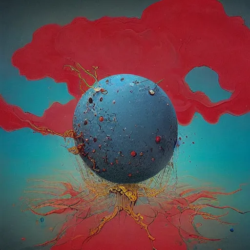 Image similar to a sphere being devoured by abstract splatters of paint in the style of francis bacon, venus being engulfed in flames in the style of james jean, surreal, beksinski, high detailed