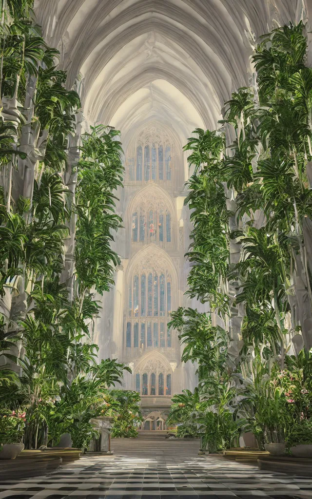 Image similar to beautiful grand cathedral interior with koi! pond!! in the! middle! surrounded by palm trees, ivy, flowers!!, tropical plants, roses!!, and with archways, rendered in octane render with photorealistic volumetric cinematic lighting, wide angle, horizontal symmetry, symmetrical! 8 k