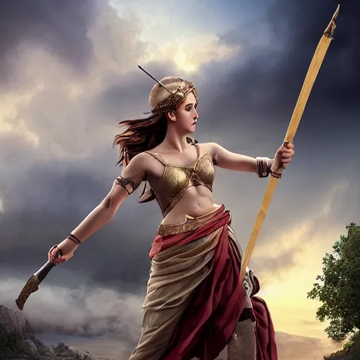 Image similar to Greek goddess Athena fighting with stupidity, stupidity is represented by horde of internet influencers, realistic person, spear in the right hand, long hair, detailed body and face, natural look, realistic photography, hyper realistic, Raphael Santi style, highly detailed, 4k, battle landscape, high quality image, couraging and atmospheric composition