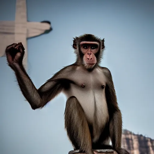 Image similar to high quality portrait of a monkey in front of Christ The Redeemer, studio photograph, photograph, realistic photo, 8k photo, 4k photo, stock photo, high resolution, cinematic shot, high detail