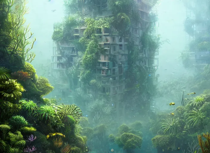 Image similar to overgrown foliage overtaking tall buildings, underwater environment, storefronts, coral, scenery, professional, award - winning, trending on artstation, hyper detailed, realistic, beautiful, emotional, shiny, golden, picture