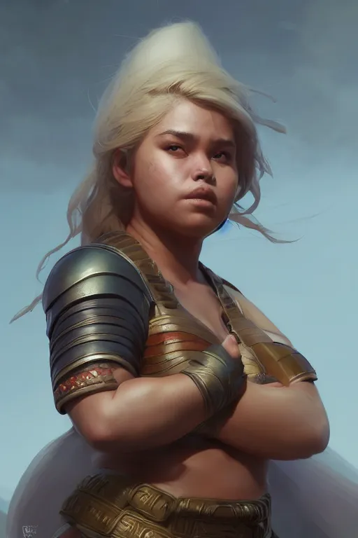 Image similar to portrait of a beautiful chonky young female warrior in the middle of a fight as drawn by eric anthony johnson ericanthonyj artstation artgerm greg rutkowski and magali villeneuve 8 k subsurface scattering, soft light