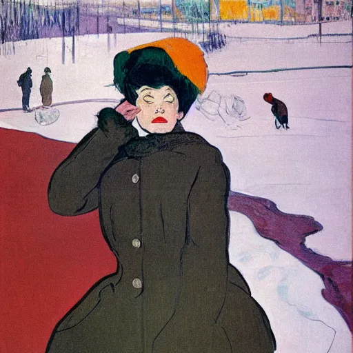 Image similar to a woman in a parka drinking a bottle of coka - cola in an icy polar environment, advertisement, 1 9 6 0's, by henri toulouse lautrec