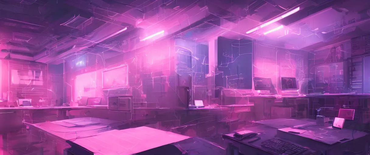 Prompt: hyperrealistic document archive, the background is dimly lit with pink cyberdelic lights, very detailed, technology, cyberpunk, dark blue and pink volumetric light, cgsociety, in the style of artgerm and artstation
