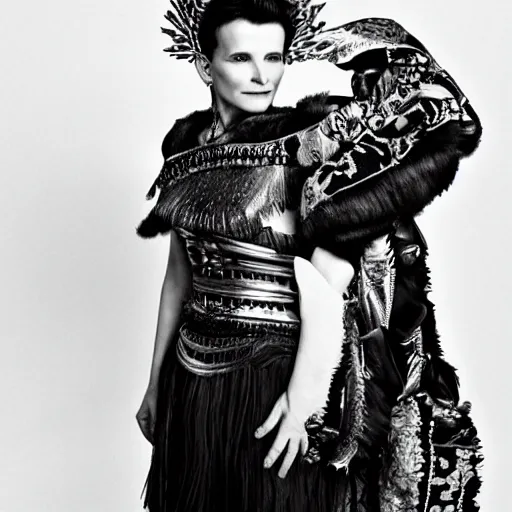 Image similar to Juliette Binoche wearing Mongolian armor, portrait, fashion photography, by Hedi Slimane