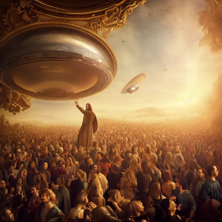 Image similar to portrait of a beautiful man in a crowd of medieval people surrounding UFO flying saucer, dream-like atmosphere, baroque portrait painting, perfect portrait composition, beautiful detailed intricate insanely detailed octane render trending on Artstation, 8K artistic photography, photorealistic, soft natural volumetric cinematic perfect light, golden hour, chiaroscuro, award-winning photograph, masterpiece, Raphael, Caravaggio, Greg Rutkowski, Beeple