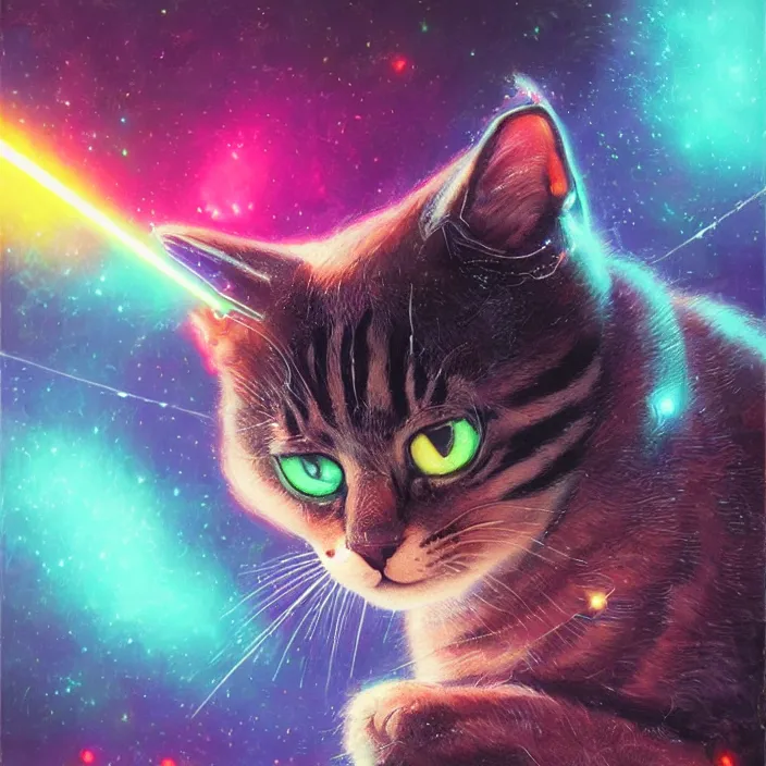 Image similar to cinematic portrait of a cute cat in space, neon lasers, chalk, masterpiece, trending on artstation, featured on pixiv, cinematic composition, dramatic pose, beautiful lighting, sharp details, hyper - detailed, hd, hdr, 4 k, 8 k, art by basil gogos