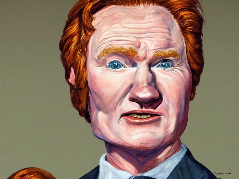 Prompt: close - up portrait of conan o'brien, painting by paula rego, high detail, high resolution