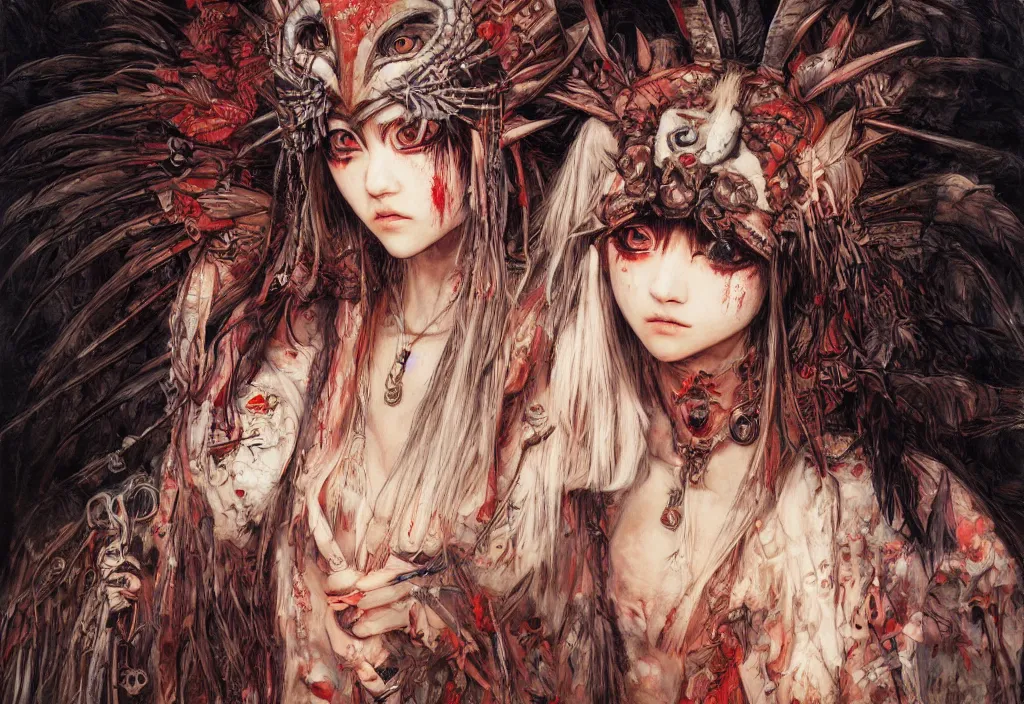 Prompt: breathtaking detailed painting of mononoke princess, by ayami kojima and brom, bloody twilight, detailed realistyc symmetrical facial features, amalgamation of embers and feathers, 8 k, concept art, matte, sharp focus, rembrandt style