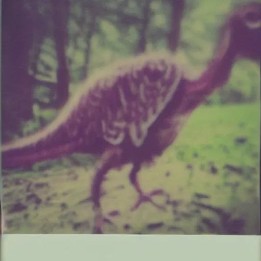 Prompt: blurry polaroid picture of a feathery dinosaur, 8K, HD, highly detailed, high quality