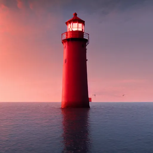 Image similar to beautiful lonely red lighthouse, standing behind red water, 4 k resolution, ultra detailed, style of greg rutkowski, ryan dening,