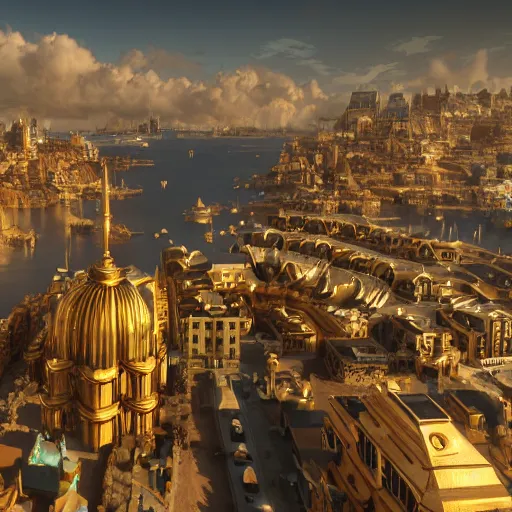 Prompt: a golden fantasy luxurious city with cerulean oceansides, scandinavian / norse influenced, cinematic, ray traced, octane render, cinematic lighting, ultrarealistic, featured on artstation, 8 k uhd artwork