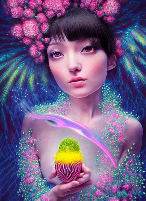 Prompt: hyper detailed 3d render like a Oil painting - kawaii action portrait Aurora (black haired winged Fae) seen Eating of the Strangling network of yellowcake aerochrome and milky Fruit and Her delicate Hands hold of gossamer polyp blossoms bring iridescent fungal flowers whose spores black the foolish stars by Jacek Yerka, Mariusz Lewandowski, Houdini algorithmic generative render, Abstract brush strokes, Masterpiece, Edward Hopper and James Gilleard, Zdzislaw Beksinski, Mark Ryden, Wolfgang Lettl, hints of Yayoi Kasuma, octane render, 8k